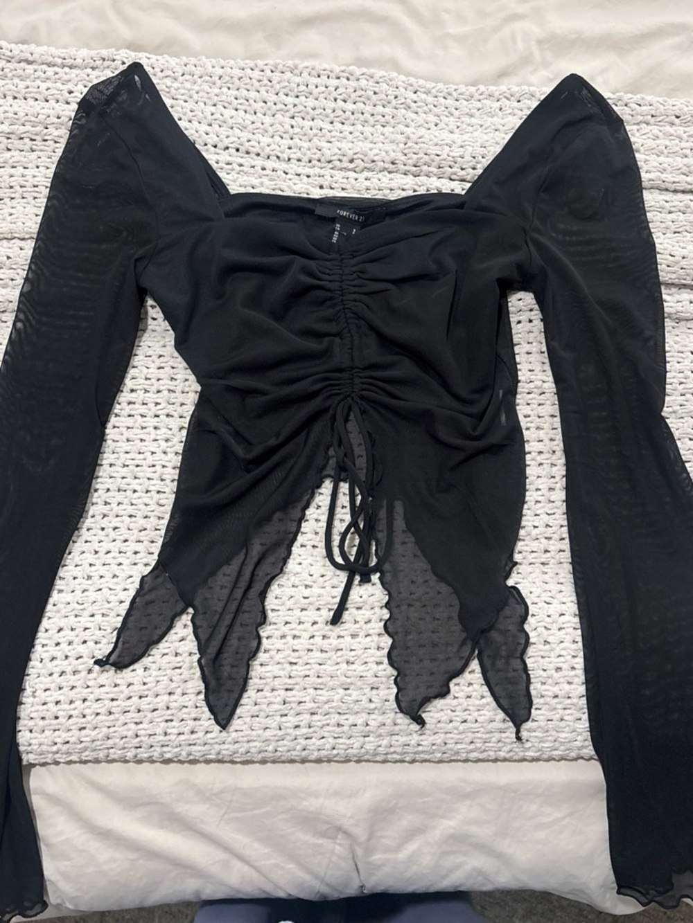 Forever 21 Black Ruched Mesh Pointed-Hem Crop Top
